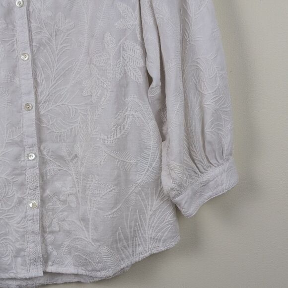 J. McLaughlin White Embroidered Floral Button Front Blouse 3/4 Length Sleeves - Picture 4 of 9